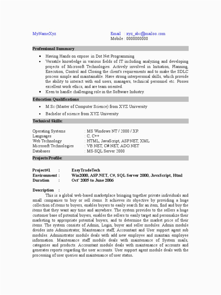 Sample Resume for Sql Dba Freshers Fresher Dotnet Resume Model 114