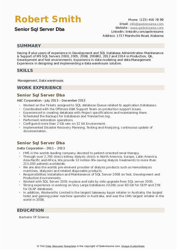 Sample Resume for Sql Dba Freshers Senior Sql Server Dba Resume Samples