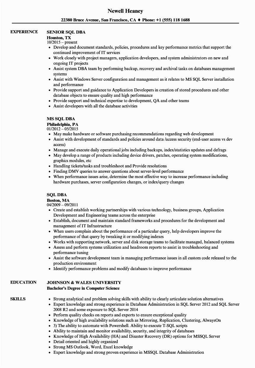 Sample Resume for Sql Dba Freshers Sql Server Dba Resume Examples July 2020