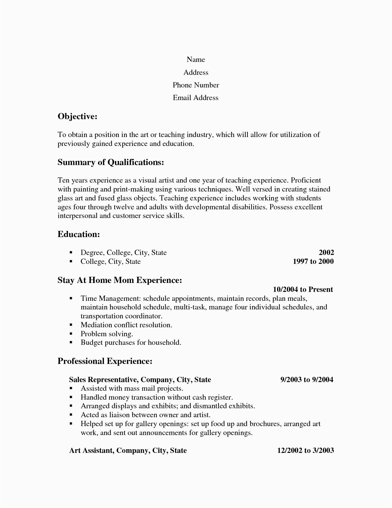 Sample Resume for Stay at Home Mom Returning to Work Resume Examples for Stay at Home Moms Free Resume Templates