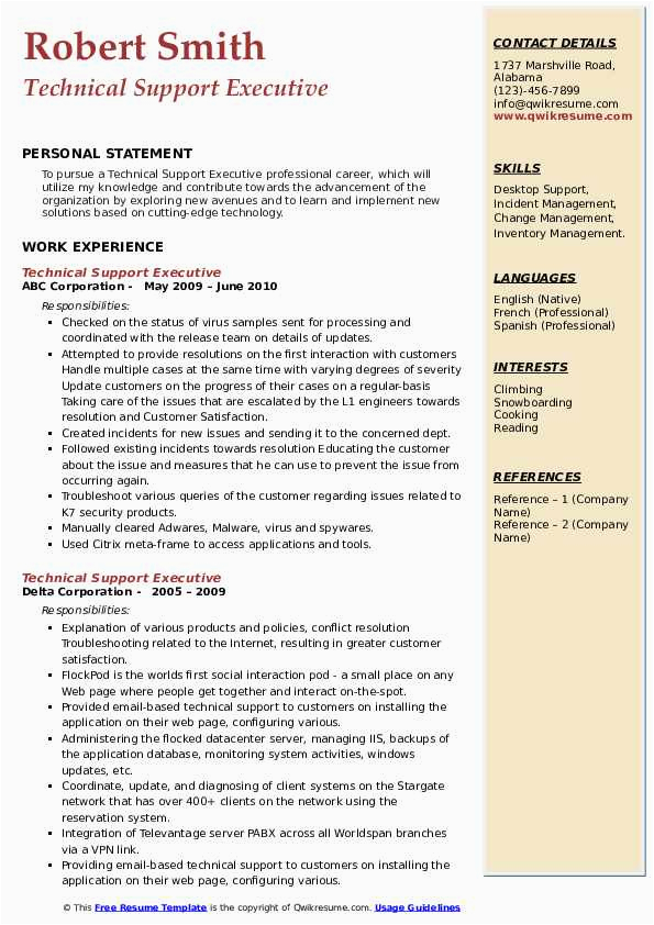 Sample Resume for Technical Support Executive In Bpo Technical Support Executive Resume Samples