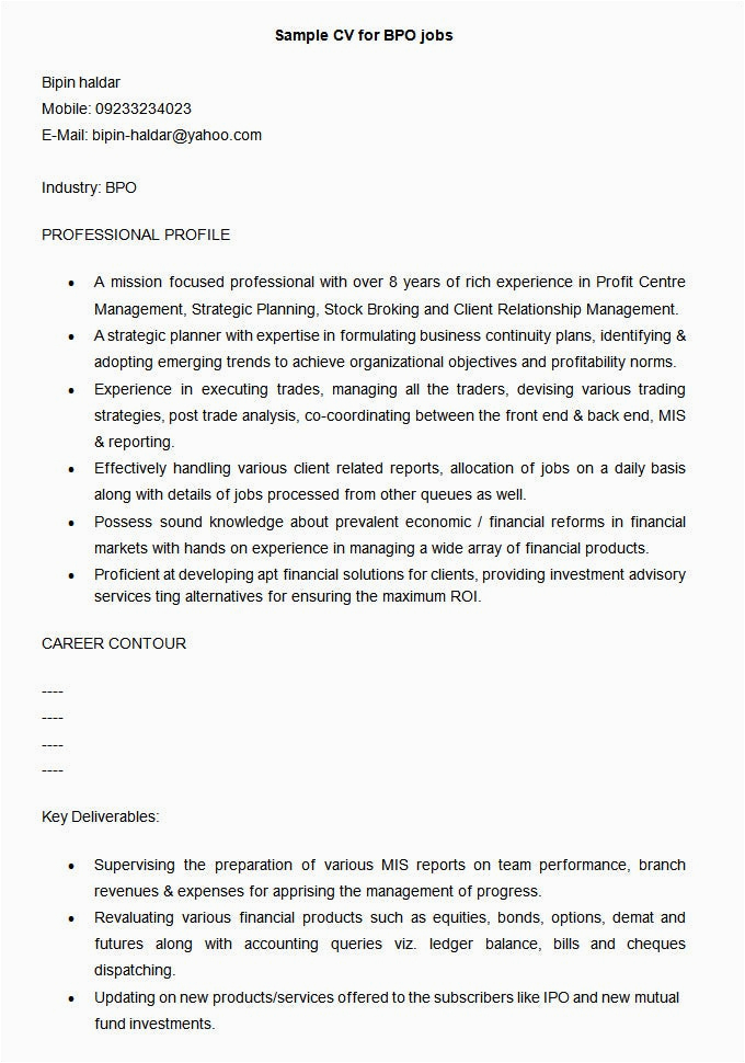 Sample Resume format for Bpo Jobs 38 Bpo Resume Templates Pdf Doc