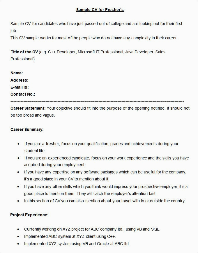 Sample Resume format for Bpo Jobs Fresher Resume format for Bpo Job