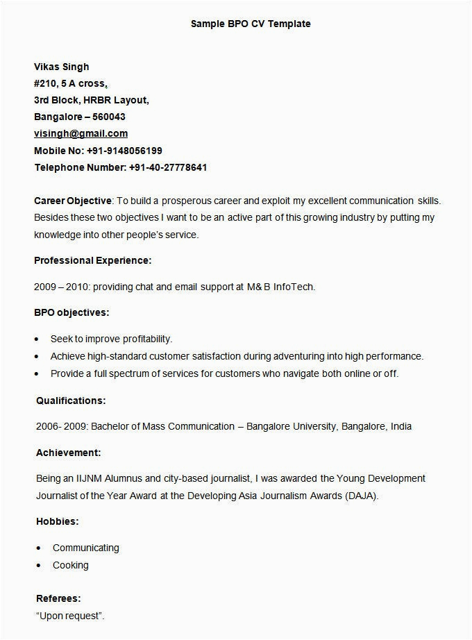 Sample Resume format for Bpo Jobs Resume format for Bpo Jobs Samples Call Center Resume