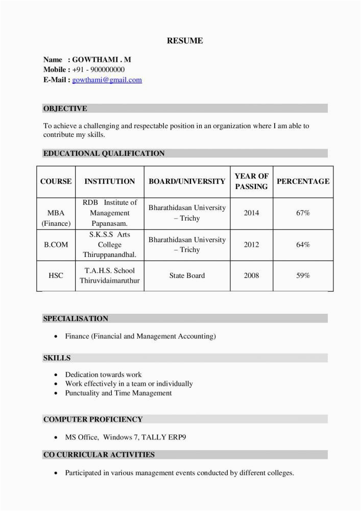 Sample Resume format for Mba Freshers Mba Fresher Resume for Hr and Finance Financeviewer