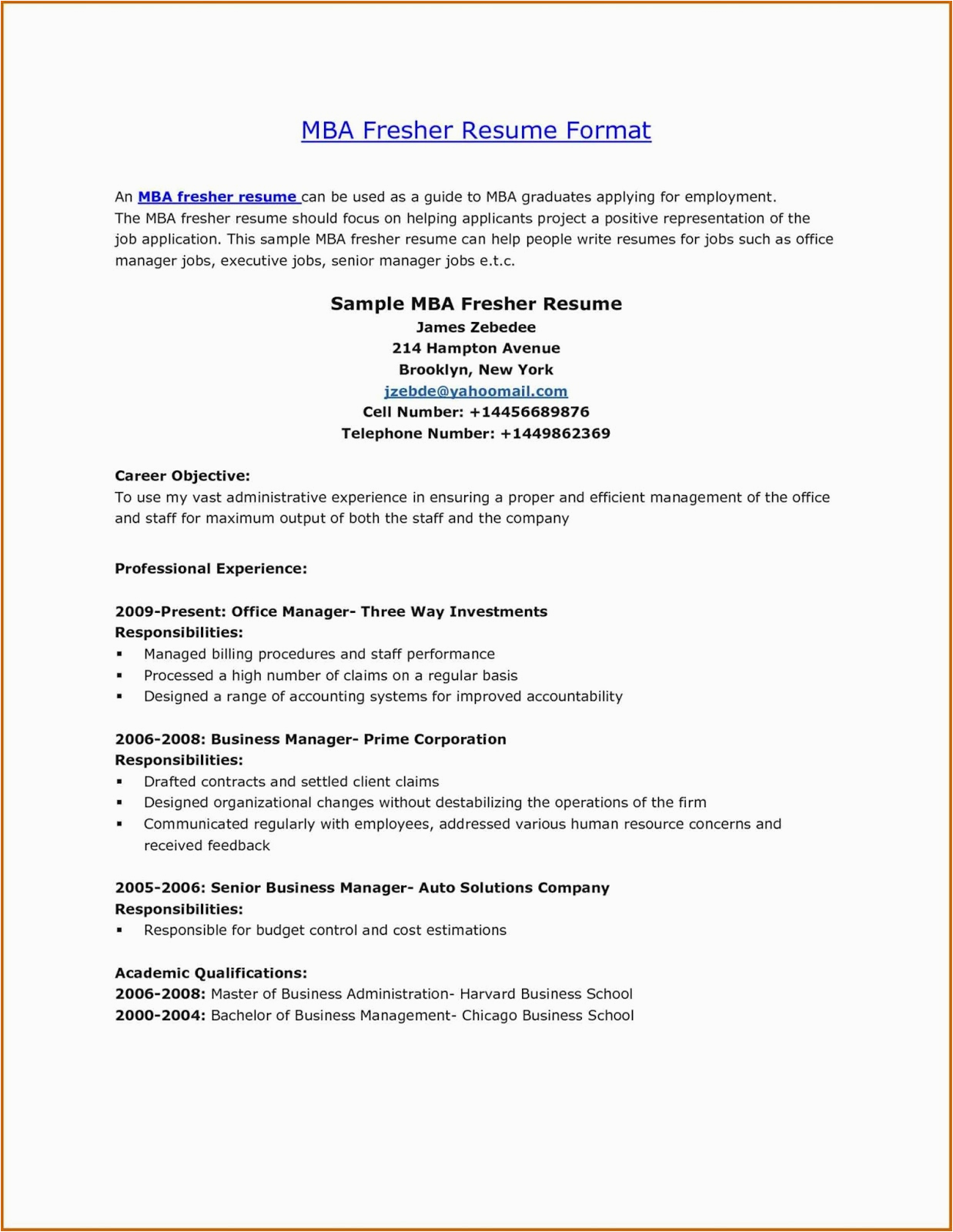 Sample Resume format for Mba Freshers Mba Fresher Resume Scribd India