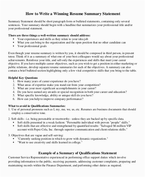 Sample Resume Summary Statements About Experience 9 Career Summary Examples Pdf