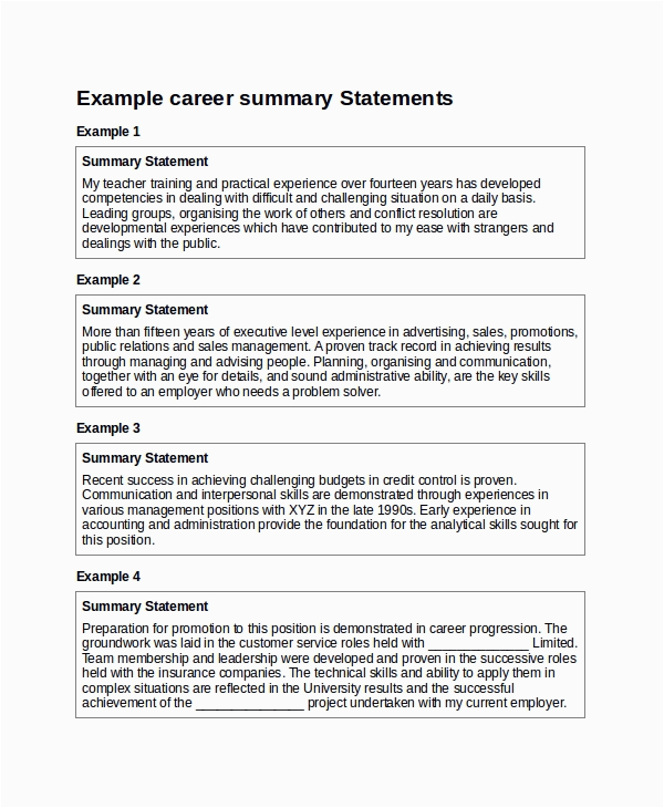 Sample Resume Summary Statements About Experience Free 9 Sample Resume Summary Statement Templates In Ms