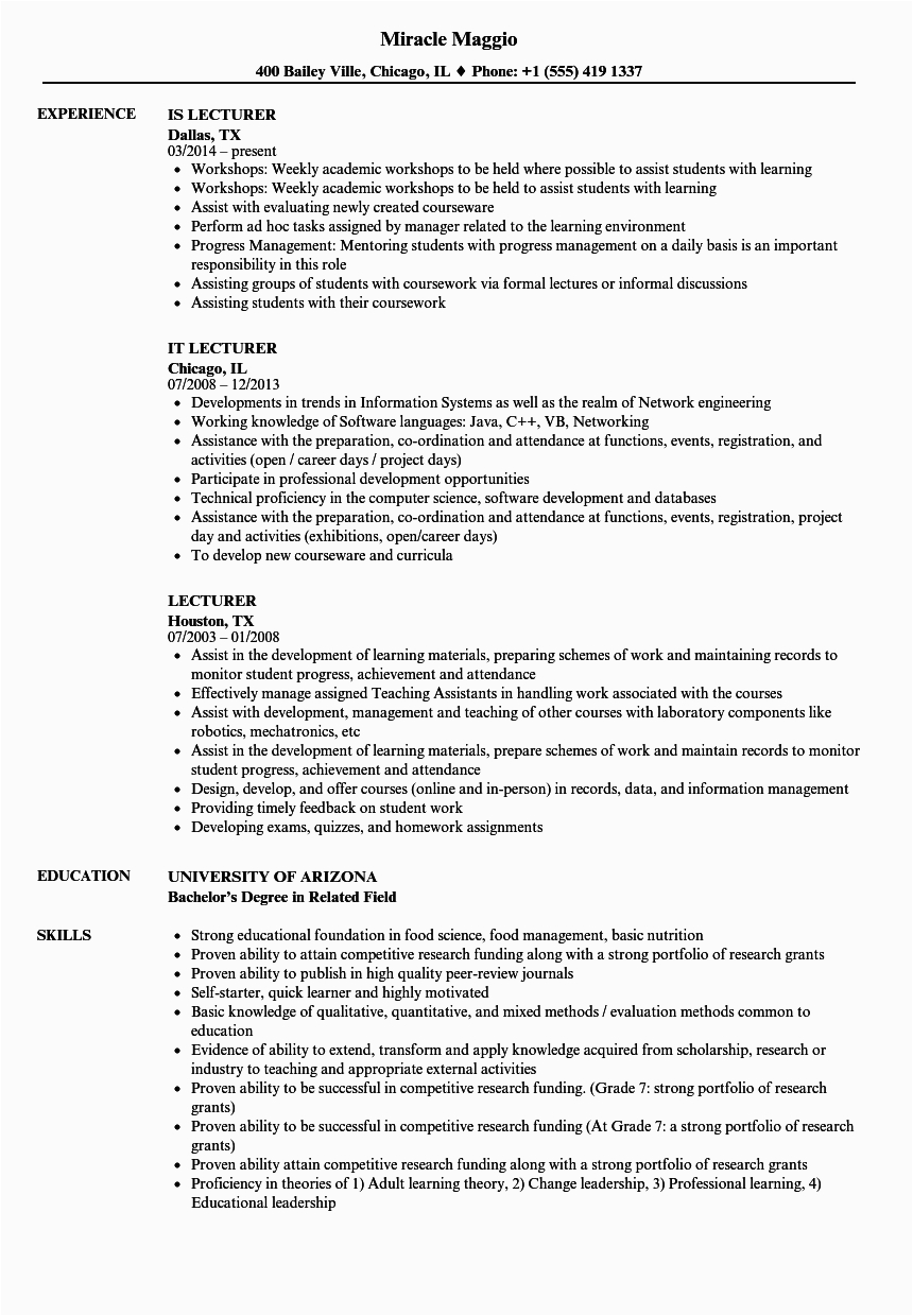 Sample Resume to Apply for Lecturer Post Lecturer Cv Examples