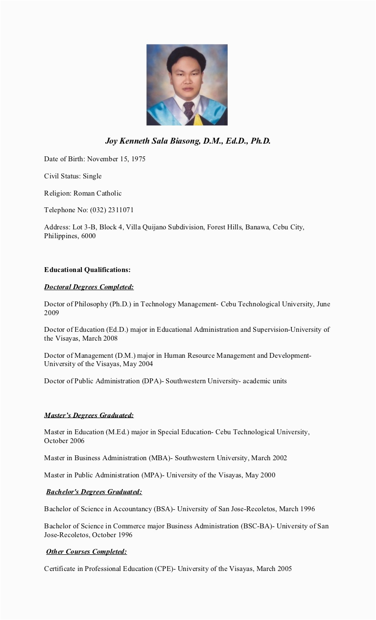 Sample Resume with Civil Service Eligibility Philippines Curriculum Vitae Of Dr Joy Kenneth S Biasong