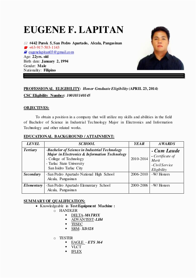 Sample Resume with Civil Service Eligibility Philippines Eugene Lapitan Resume