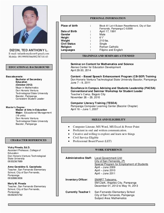 Sample Resume with Civil Service Eligibility Resume Ted Anthony Dizon