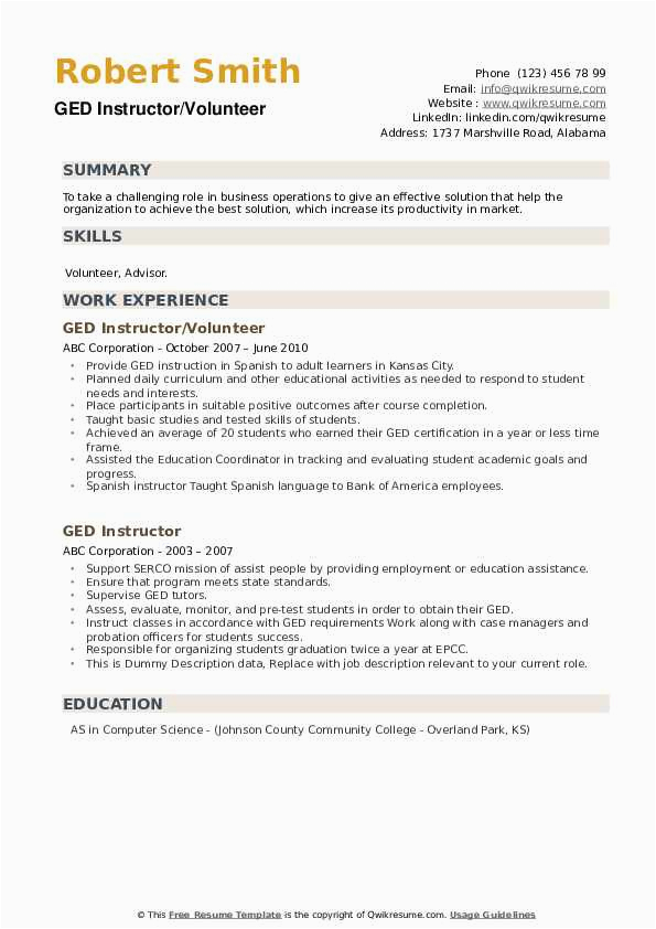 Sample Resume with Ged as Education Ged Instructor Resume Samples