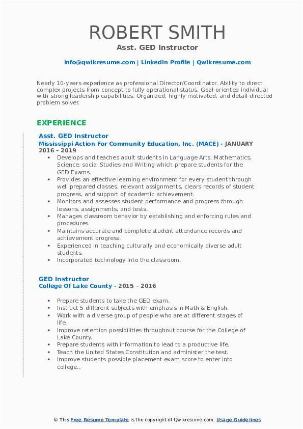 Sample Resume with Ged as Education Ged Instructor Resume Samples