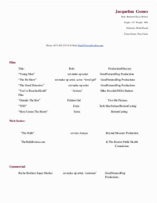 Sample Resume with Height and Weight Acting Resume Nina