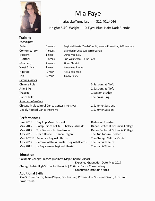Sample Resume with Height and Weight Ficial Dance Resume