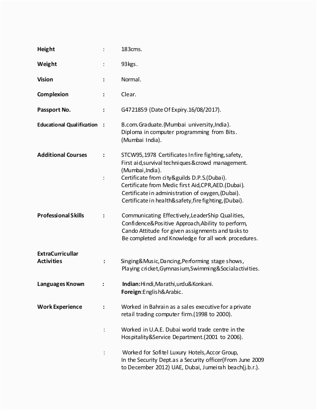 Sample Resume with Height and Weight Resume C V New Updated