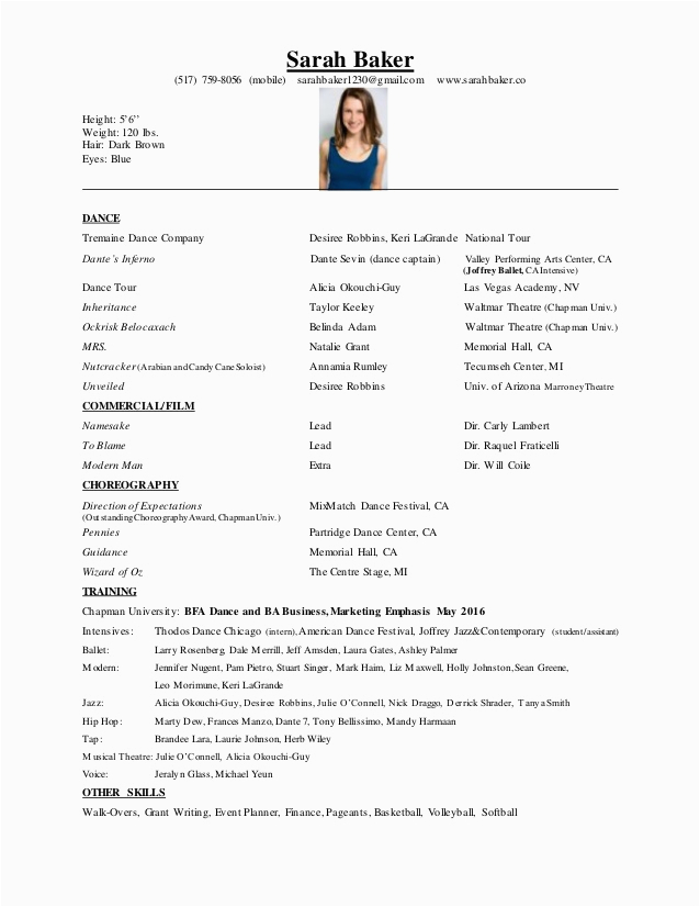 Sample Resume with Height and Weight Sarah Baker Mercial Dance Resume