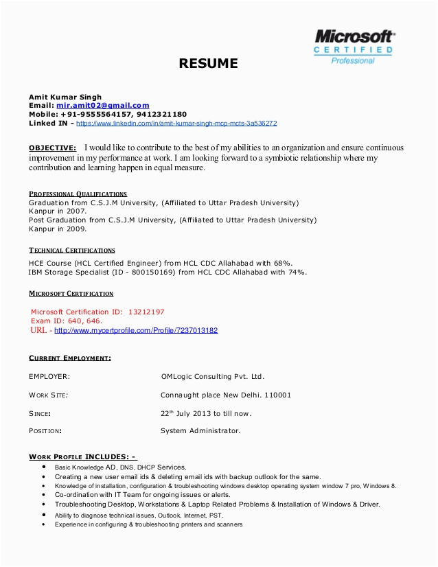 Sample Resume with Microsoft Certification Logo Cv Amit Microsoft Certified