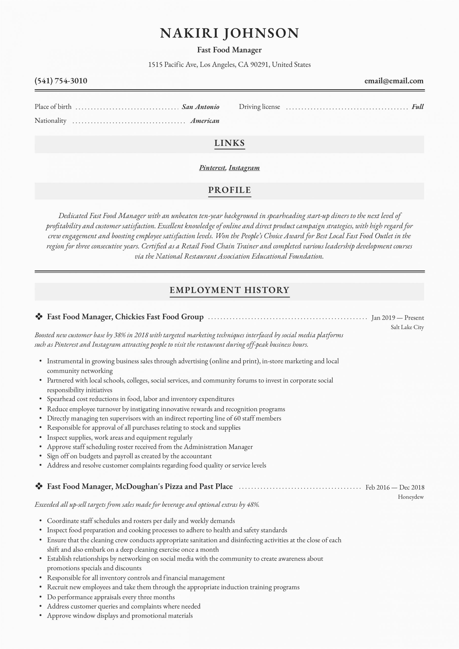 Sample Resumes for Fast Food Jobs Fast Food Manager Resume & Writing Guide 12 Examples
