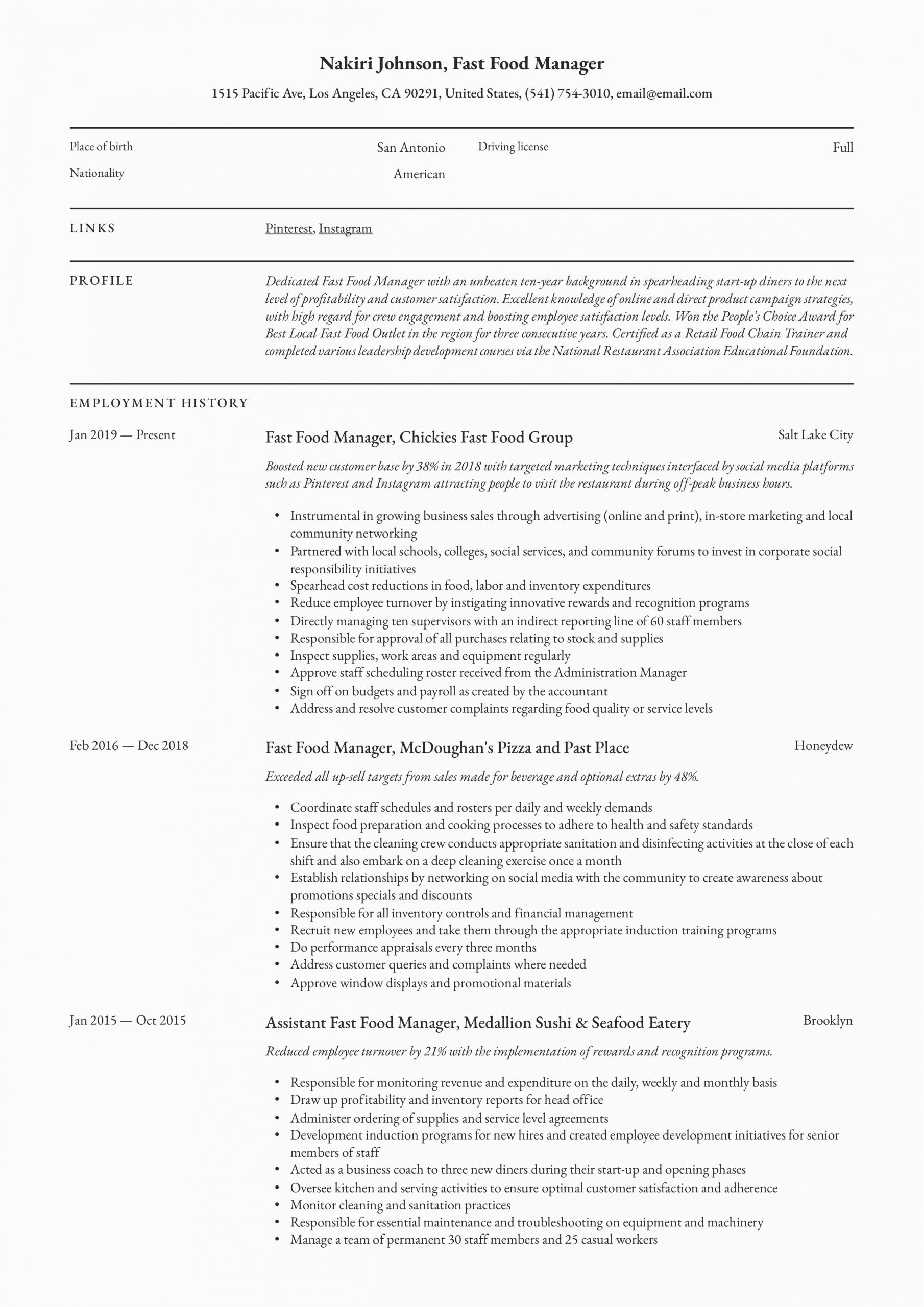 Sample Resumes for Fast Food Jobs Resume Examples for Fast Food Jobs Best Resume Examples