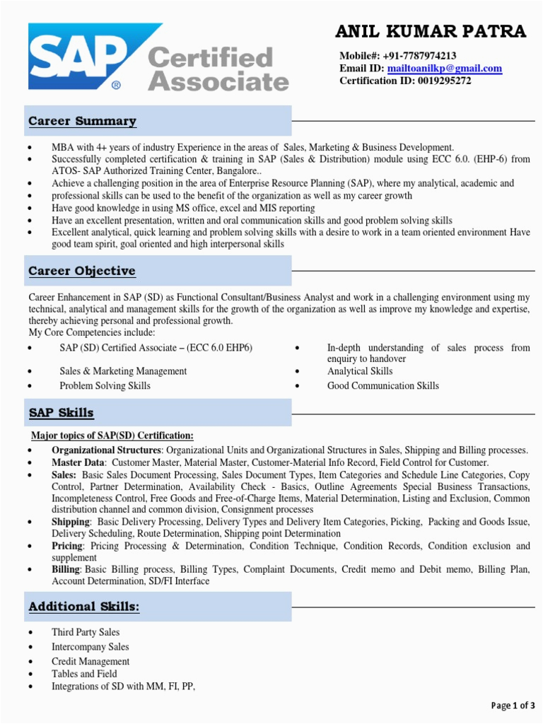 Sap Sd Resume Sample for Experienced Sap Sd Freshers Resume with Domain Experience Sales