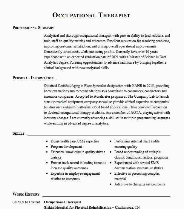 School Based Occupational therapy Resume Sample Occupational and Physical therapist Resume Example Procare