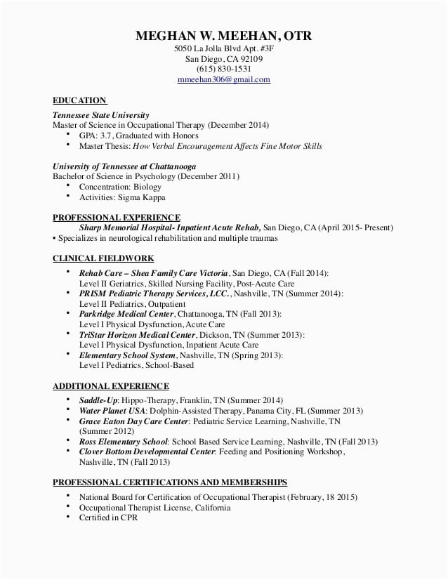 School Based Occupational therapy Resume Sample Occupational therapy Resume 2016