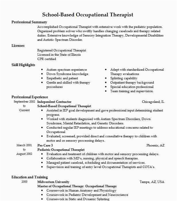 School Based Occupational therapy Resume Sample School Based therapist Resume Example the Guidance Center