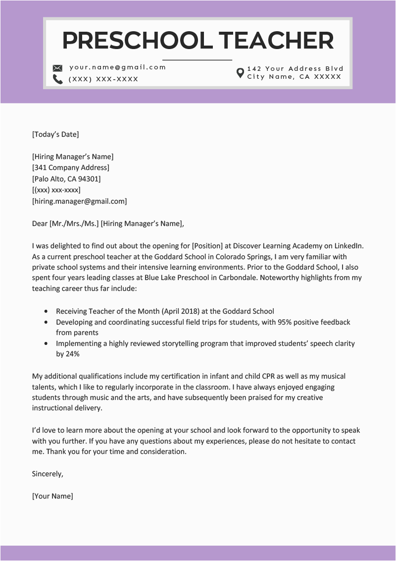 Teacher Resume and Cover Letter Samples Preschool Teacher Cover Letter