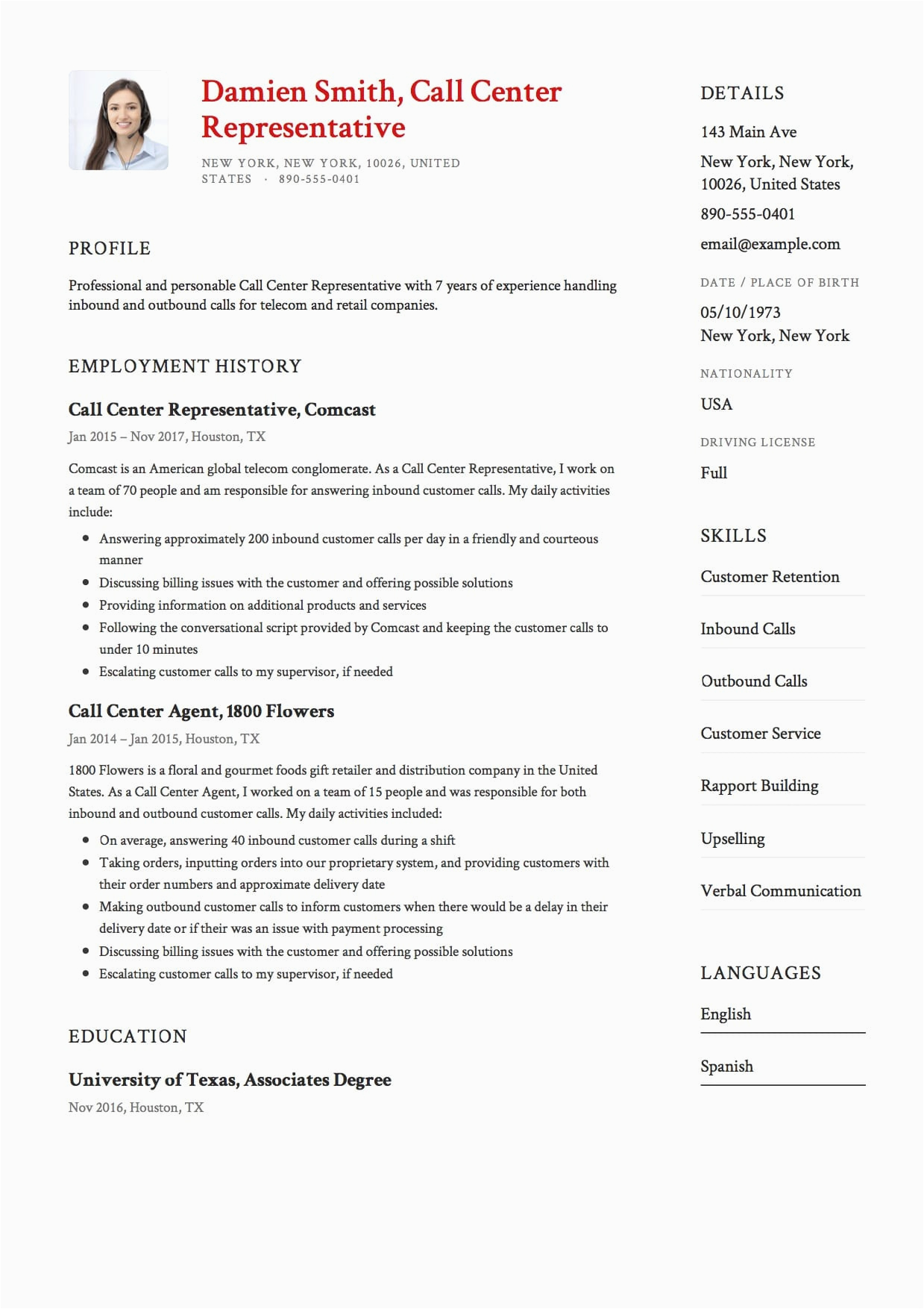 Call Center Resume Sample with Experience 9 10 Example Call Center Resume Lascazuelasphilly