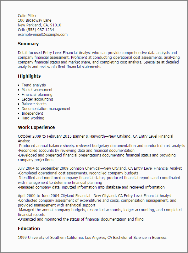 Entry Level Financial Analyst Resume Sample Entry Level Financial Analyst Resume Template — Best