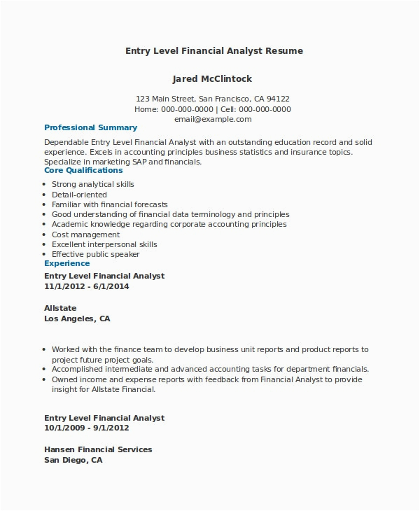 Entry Level Financial Analyst Resume Sample Financial Analyst Resume 12 Pdf Word Documents