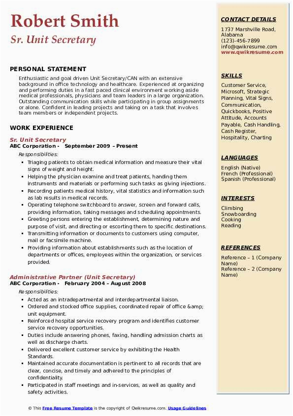 Entry Level Unit Secretary Resume Sample Unit Secretary Resume Samples