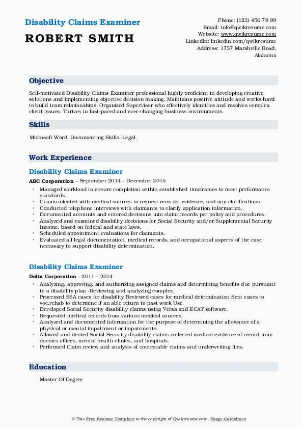 Free Sample Resume for Disability Support Worker Disability Claims Examiner Resume Samples