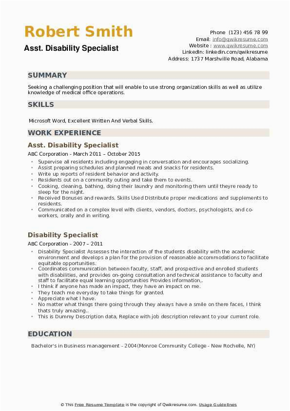 Free Sample Resume for Disability Support Worker Disability Specialist Resume Samples