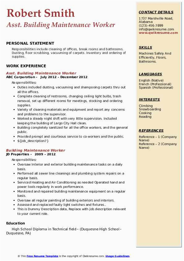 Free Sample Resume for Maintenance Worker Building Maintenance Worker Resume Samples