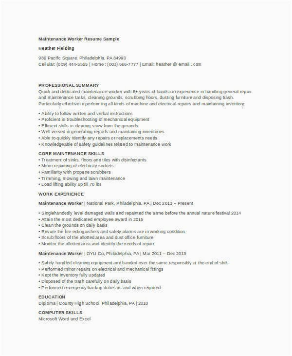 Free Sample Resume for Maintenance Worker Maintenance Resume 9 Free Word Pdf Documents Download