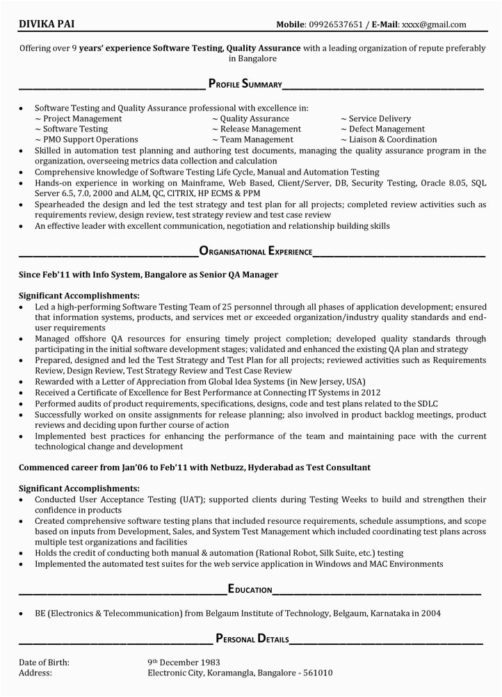 Manual Testing Sample Resume for 4 Years Experience Resume format for 4 Yrs Experience Resume Templates