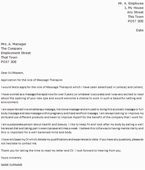 Massage therapist Resume Cover Letter Samples Massage therapist Cover Letter Example Icover