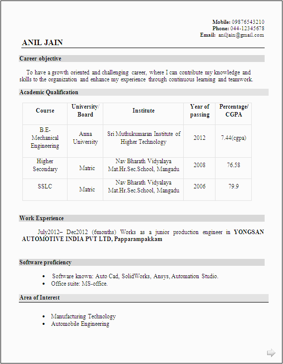 Mechanical Engineering Resume Sample for Freshers Mechanical Engineer Resume for Fresher Resume formats