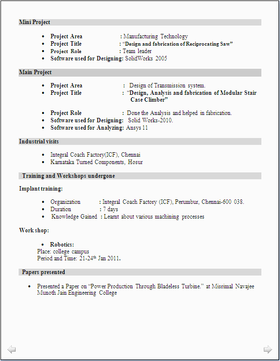 Mechanical Engineering Sample Resume for Freshers Mechanical Engineer Resume for Fresher Resume formats