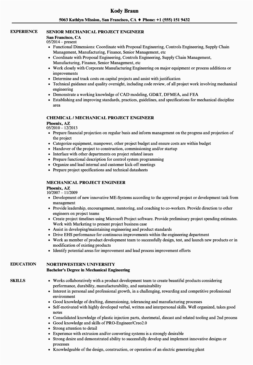 Mechanical Project Engineer Resume Sample Pdf Job Resume for Mechanical Engineers