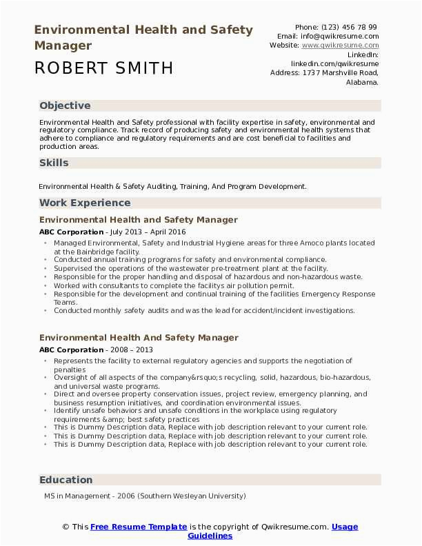 Occupational Health and Safety Resume Sample Environmental Health and Safety Manager Resume Samples