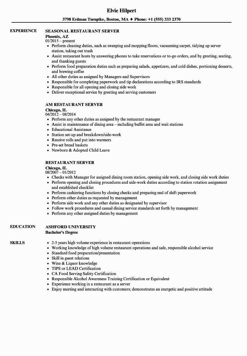 Restaurant Server Job Description Resume Sample √ 20 Server Job Description Resume with Images