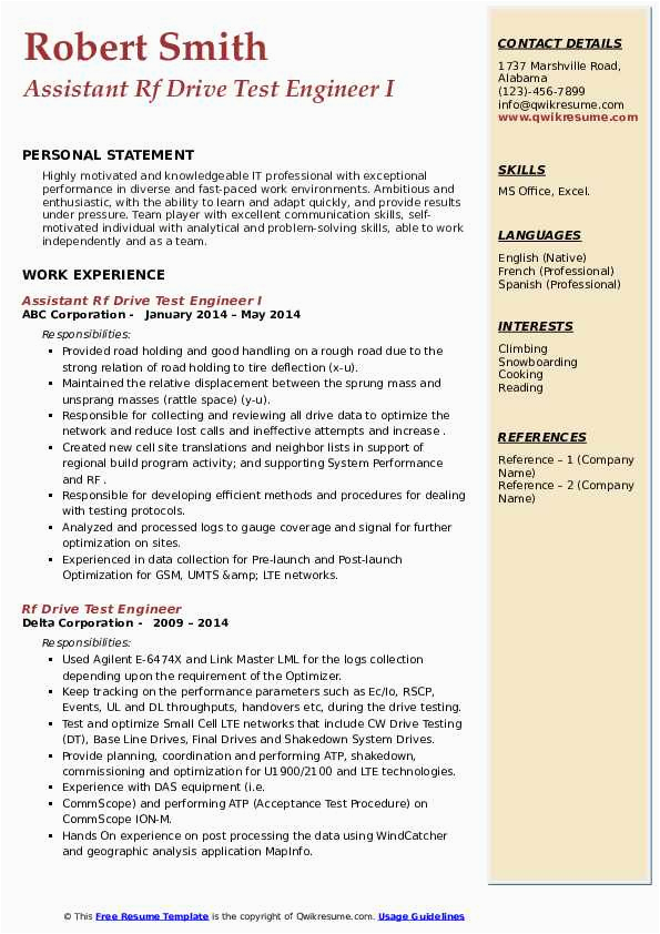 Rf Drive Test Engineer Sample Resume Rf Drive Test Engineer Resume Samples