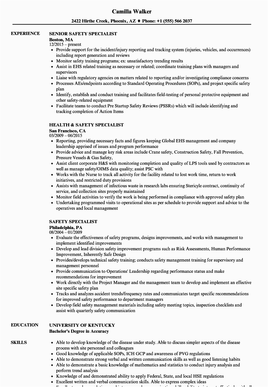 Safety and Occupational Health Specialist Sample Resume Ehs Specialist Cv November 2020