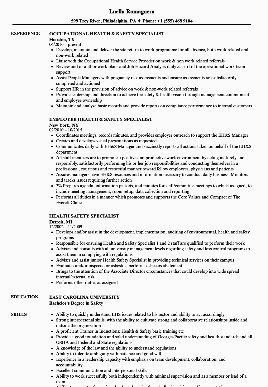 Safety and Occupational Health Specialist Sample Resume Health Safety Specialist Resume Samples