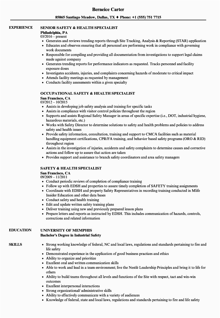 Safety and Occupational Health Specialist Sample Resume Safety & Health Specialist Resume Samples