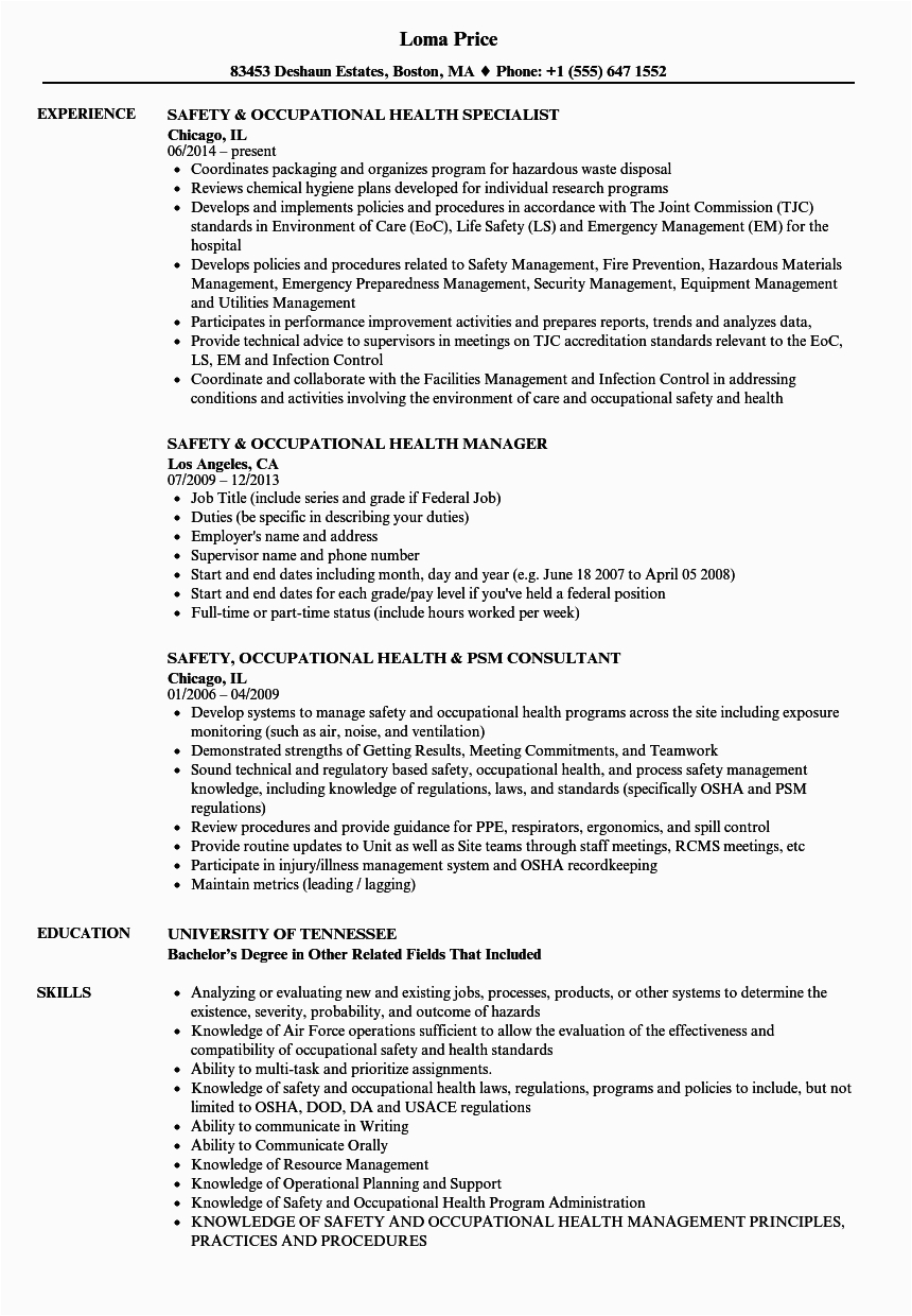Safety and Occupational Health Specialist Sample Resume Safety & Occupational Health Resume Samples